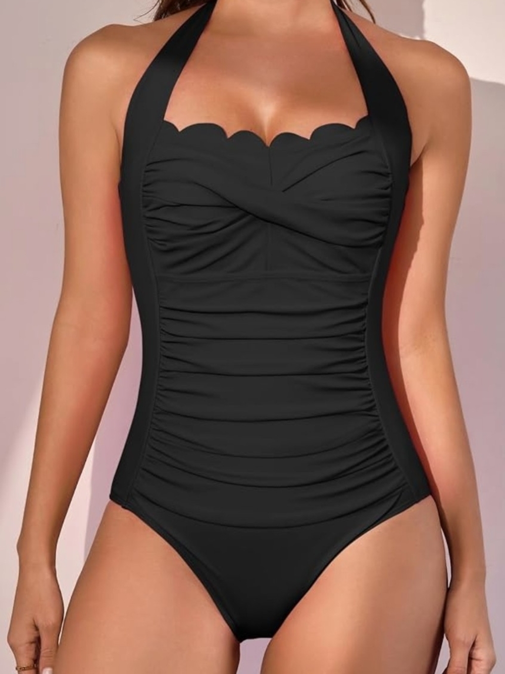Eomenie Black Scallop Halter One Piece Swimsuit Tummy Control Ruched Medium NWOT